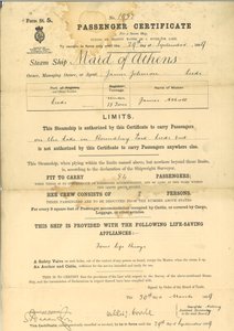 Passagierscertificaat voor stoomschip The Maid of Athens door English School