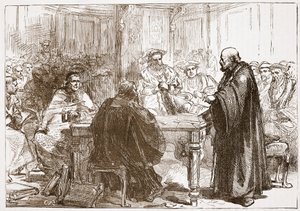 Pastoor Olaf op de Conferentie van Uppsala, illustratie uit De Geschiedenis van het Protestantisme door James Aitken Wylie, gepubliceerd in 1878
