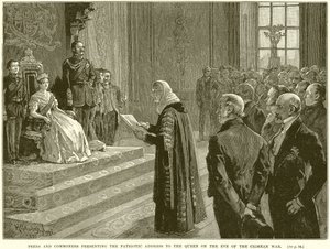 Peers en Commoners presenteren het Patriottische adres aan de Koningin aan de vooravond van de Krimoorlog door English School