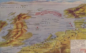 Perspectiefkaart met de locatie van de Noordzee Mijnversperring, de scène van de belangrijkste zeeslagen, en de Duitse marinebases