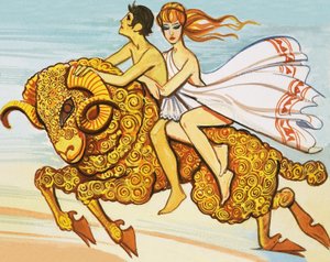 Phrixus en Helle worden gered door een vliegende ram met een gouden vacht