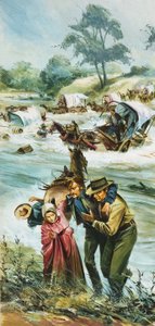 Pioniers steken de ongetemde Arkansas rivier over in de vroege jaren 1880 (gouache op papier)