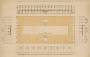 Plan, gevels en doorsneden van museumgebouw op Kensington Gore Estate door English School