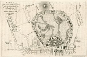 Plan voor verbeteringen in Marylebone, Londen, nu genaamd Regents Park, gemaakt in het jaar 1809 door English School