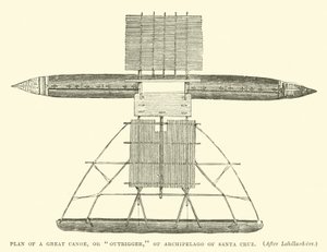 Plan van een grote kano, of outrigger, van de archipel van Santa Cruz, na Labillardiere door English School