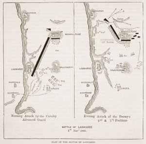 Plan van de Slag bij Laswaree, illustratie uit Cassells Geïllustreerde Geschiedenis van India door James Grant, uitgegeven 1879 door English School