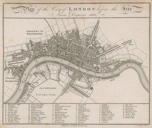 Plan van de stad Londen voor de brand van 1666 door English School