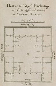 Plattegrond van de Royal Exchange met de verschillende wandelingen voor kooplieden, handelaren, enz.