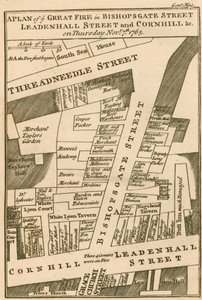 Plattegrond van de brand in Bishopsgate Street, Cornhill en Leadenhall Street, Londen, die begon op 7 november 1765 door English School