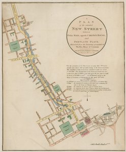 Plan van de beoogde nieuwe straat (Regent Street) tussen Pall Mall en Portland Place