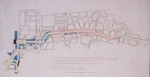 Plan gepresenteerd aan het Lagerhuis van een straat voorgesteld van Charing Cross naar Portland Place, leidend naar het Crown Estate in Marylebone Park door English School