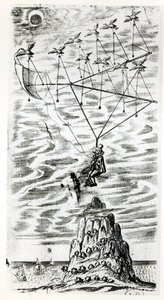 Vliegtuig, illustratie van het frontispice van De man in de maan of een verhandeling over een reis daarheen door Domingo Gonsales, de snelle Boodschapper door Francis Godwin (1562-1633), postuum gepubliceerd door English School