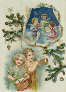 Muziekinstrumenten spelen, Victoriaanse kerstkaart (print)