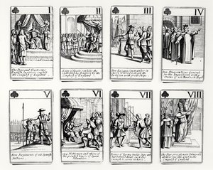 Speelkaarten die gebeurtenissen uitbeelden van de Spaanse Armada