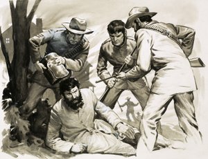 Politieagenten rukken de helm van de beruchte Ned Kelly af
