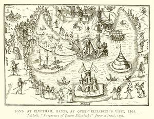Vijver bij Elvetham, Hants, bij Bezoek van Koningin Elizabeth, 1591 door English School