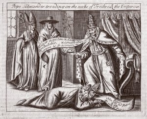 Paus Alexander die op de nek van keizer Frederik trapt, illustratie uit Handelingen en Monumenten van John Foxe, negende editie, uitgegeven 1684 door English School