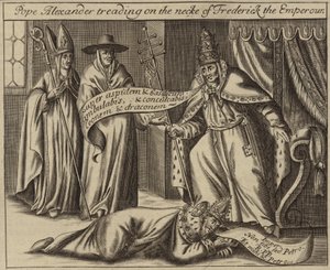 Paus Alexander die op de nek van keizer Frederik treedt