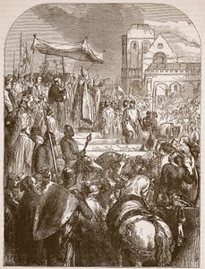 Paus Urbanus II die de Eerste Kruistocht predikt op de markt van Clermont, 1096, illustratie uit Cassells Illustrated History of England