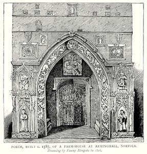Portiek, gebouwd rond 1587, van een boerderij in Arminghall, Norfolk (gravure) door English School