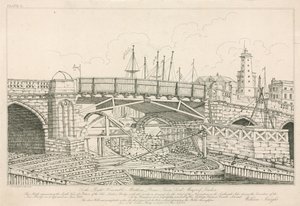 Gedeelte van de oude London Bridge, getekend in 1826 tijdens bouwwerkzaamheden door English School
