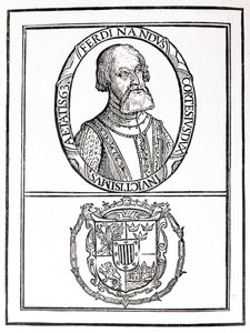 Portret van Hernado Cortes (1485-1547) en zijn wapens, uit 