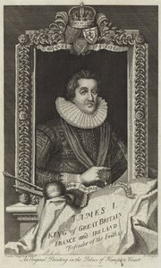 Portret van James I van Groot-Brittannië en Ierland door English School