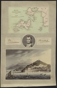 Portret van Napoleon Bonaparte met een kaart en een uitzicht op Elba
