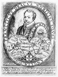 Portret van Sir Francis Drake op de Leeftijd van 43, gegraveerd door Jodocus Hondius