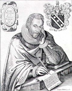 Portret van Sir Thomas Overbury die zijn grafschrift schrijft, gegraveerd door Renold Elstrack 1613 door English School