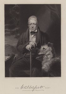 Portret van Sir Walter Scott, met hond (gravure) door English School