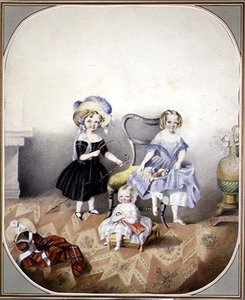Portret van Drie Blauwoogige Meisjes in Fantasie Kleding, c.1840 door English School