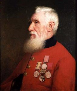 Portret van een Chelsea-pensionaris met zijn dienstmedailles