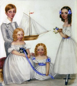 Portret van vier kinderen met een zeilboot en een kitten, c.1830 door English School