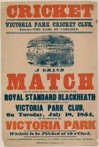 Poster die een cricketwedstrijd aankondigt bij Victoria Park Cricket Club op 18 juli 1854