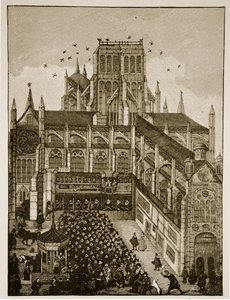 Prediking voor de koning en prins van Wales bij Pauls Cross in 1616, naar een 17e-eeuws schilderij door English School