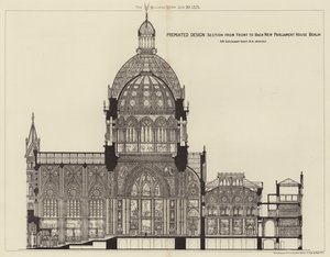 Premiated Ontwerp, Sectie van Voor naar Achter Nieuw Parlementsgebouw Berlijn (gravure) door English School
