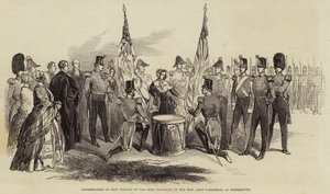 Presentatie van Nieuwe Kleuren aan het 43e Regiment door de Eerwaarde Lady Pakenham, in Portsmouth (gravure) door English School