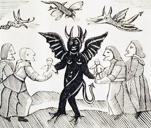Kinderen presenteren aan de duivel, kopie van een illustratie uit De heks van de bossen gebruikt in een verzameling chapbooks over esoterica door English School