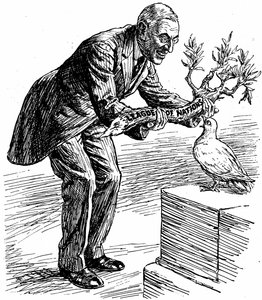 President Wilson geeft de Vredesduif een olijftak met het opschrift 