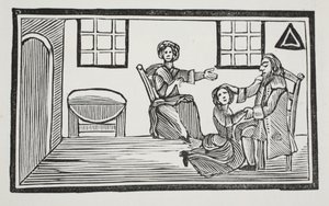 Mooie Bessie ontvangt de zegen van haar vader wanneer ze op zoek gaat naar haar eigen levensonderhoud, illustratie uit Chap-books van de achttiende eeuw door John Ashton, uitgegeven 1882 door English School