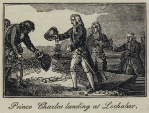 Prins Charles landt bij Lochabar (gravure) door English School