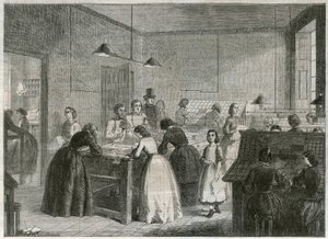 Drukkerij (Victoria Press) in Great Coram Street, voor de tewerkstelling van vrouwen als zetters door English School