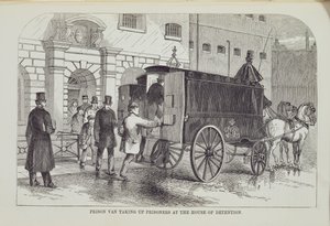 Gevangeniswagen die Gevangenen ophaalt bij het Huis van Bewaring, uit The Criminal Prisons of London and Scenes of Prison Life door Henry Mayhew (1812-87) en John Binny, 1862