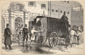Gevangeniswagen die gevangenen ophaalt bij het House of Detention, illustratie uit The Criminal Prisons of London and Scenes from Prison Life door Henry Mayhew en John Binny, uitgegeven in 1862