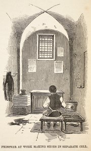 Gevangene aan het werk schoenen maken in aparte cel, illustratie uit The Criminal Prisons of London and Scenes from Prison Life door Henry Mayhew en John Binny, uitgegeven in 1862 door English School