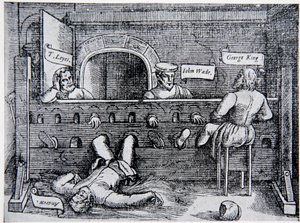 Gevangenen in de Lollards Tower, uit Acts and Monuments door John Foxe (1516-87), 1563, illustratie uit The History of the Nation door English School