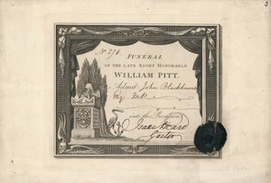 Toegangskaart voor de begrafenis van William Pitt