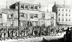 Processie van 1741 in Londen die vrijmetselaars bespot, 1843 door English School