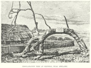Proclamatieboom in Glenelg, bij Adelaide (gravure) door English School